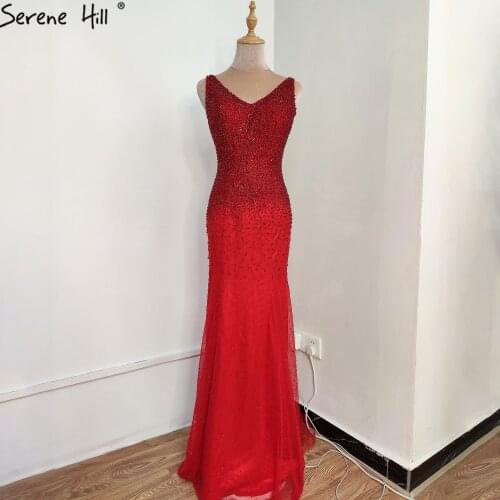 Red V-Neck Crystal Beading Evening Dress Sleeveless Sexy Luxury Sparkle Formal Party Gown Serene Hill DLA6581 Dubai