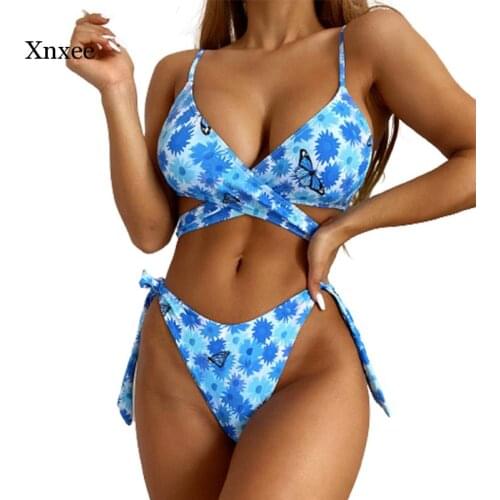 Blue Butterfly Print Bow Bikini 2 Piece Set Lace Up Swimsuit for Women Bandage Sling Swimwear High Waist Swimming Suit Biquini