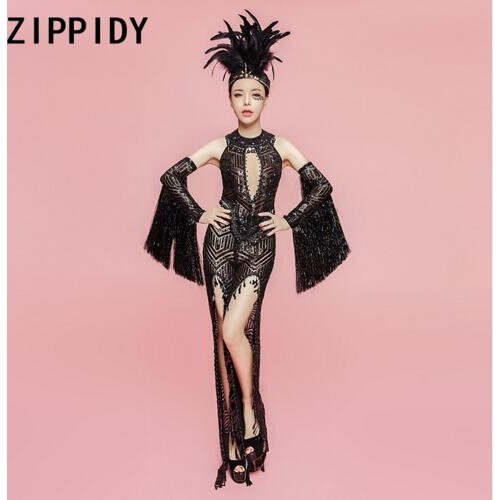 Fashion Sparkly Vest Pant Black Stretch Set Womens Birthday Party Three-piece Costume Female Singer Tassel Sleeve Unique