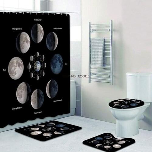 Moon Art Painting Black Shower Curtain Set 4pcs Moon Phase Prints Solar System Bath Curtain for Bathroom Mat Rug Carpet
