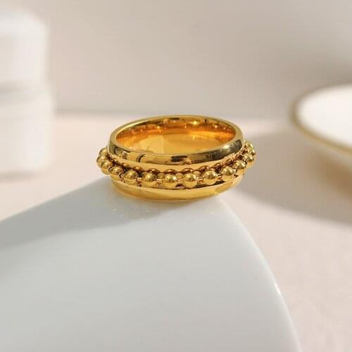 2021 New Bohemian Vintage Beads Rounded Gold Plated Stainless Steel Ring Womens Trendy Gold Statement Rings For Party