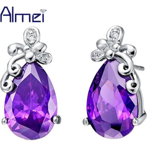 New Bijoux Woman Jewelry Water Stud Earrings For Women Red /Purple Zirconia Oorbellen Silver 2016 New Earrings Gift Ulove R170
