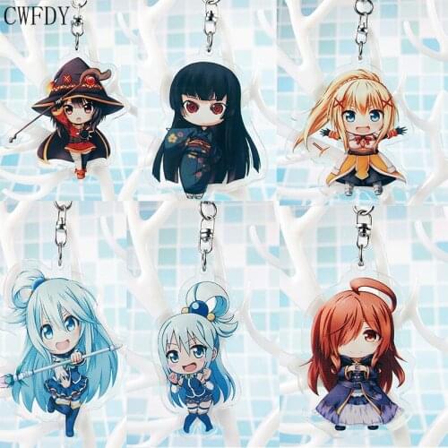 New Konosuba Keychain Woman Anime Megumin Aqua Darkness Yunyun Kazuma Arcylic Key Chain Jewelry For Kids Gifts Metal Chaveio