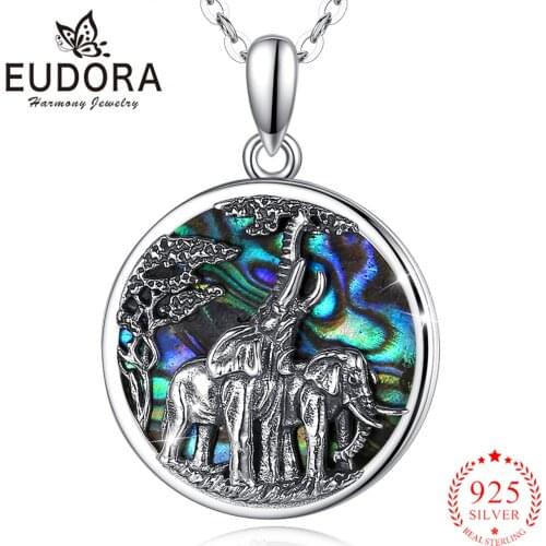 Eudora 925 Sterling Silver Abalone Shell Elephant Pendant Mother Oyster Animal Blue Colorful Fine Necklace Jewelry for Man Boy