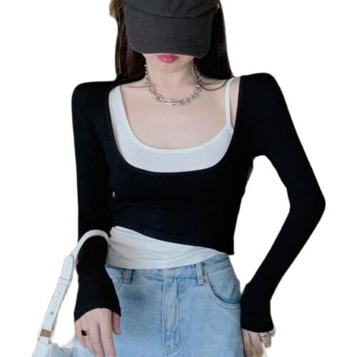 All-match T-shirt design sense stitching is thin short two-piece long-sleeved tops 2021 fall fashion womens clothing