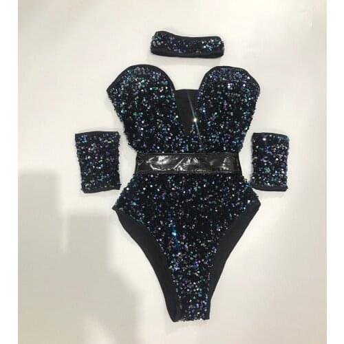 Pole dance Black Sequins Sexy Perspective Jumpsuit DS Costume Bar Women Singer Team Jazz Dance wear DJ Stage Outfit