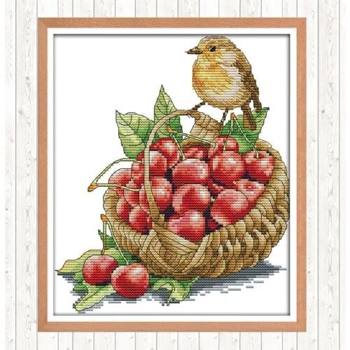 Bird and Cherries Cotton Thread Embroidery Needlework Sets Wall Home Decor Patterns Kits Cross Stitch Kits DIY Needlework Crafts