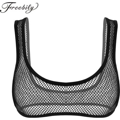 Sexy See Through Crop Tops for Women Lingerie Wide Shoulder Straps Fashion Erotic Deep U-neck Mesh Women Tank Tops