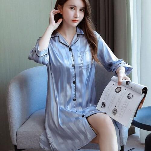 Spring And Summer Women Pajamas Polka-Dot Striped Sleepwear Imitation Silk Dress Medium Length Outer Wear Night Gown Clothes
