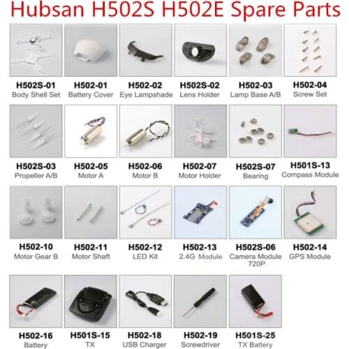 Hubsan H502S H502E RC drone Spare Parts blade motor gear motro seat charger Receiver Protective ring camera Bearing shaft etc