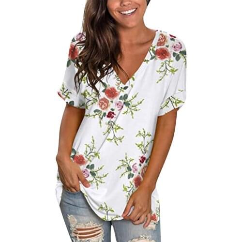 V Neck Women T-Shirt Skin-friendly Polyester Bright-colored Flower Pattern Women Blouse for Dating