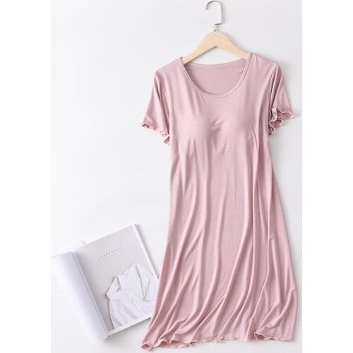 Women O-Neck Loose Nightgown With Bra Intimate Nightdress Casual O-Neck Nightwear Cute Ruffles Sleepwear Summer Modal Home Dress