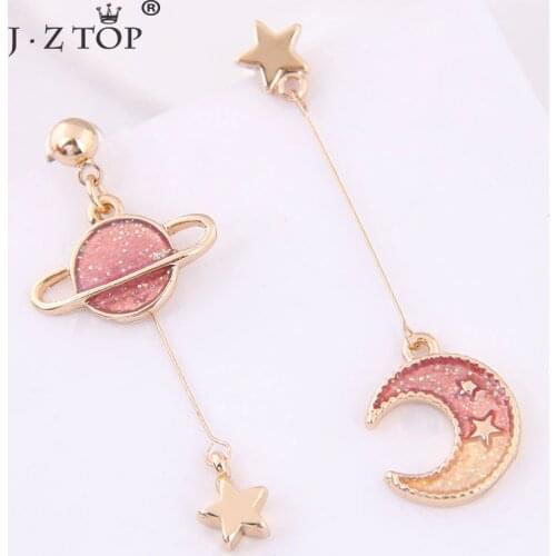 Women Asymmetrical Star Moon Drop Earrings Pink Planet Long Pendant Earrings Fashion Jewelry Accessories Female