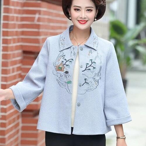 Flower trench short coat for women comfortable embroidered woolen casual lady coat plus size spring autumn fashion clothes