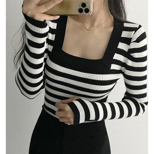 ZCSMLL Temperament Square Collar Contrasting Stripes Design Slim Slim Long-sleeved Pullover Knit Sweater 2021 Koreas Autumn