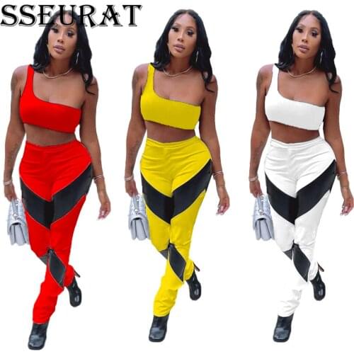 SSEURAT Women Set PU Patchwork Pencil Pants One Shoulder Sleeveless Cut Out Crop Tops Two 2 Piece Sets Tracksuit Outfit Summer
