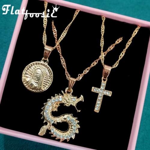 Flatfoosie 3Pcs/Set Punk Dragon Cross Pendant Necklace for Women Gold Color Coin Portrait Long Chain Necklace Jewelry Party Gift