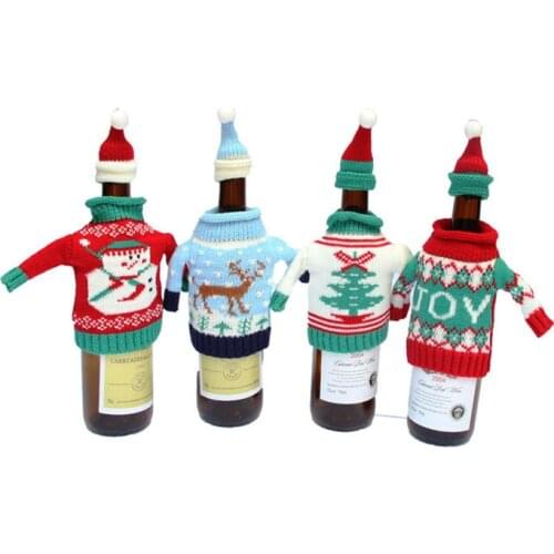 1Pc Christmas Decorations Red Wine Bottle Knitted Sweater With Hat Bottle Cover Christmas Tree Decorations MR0085