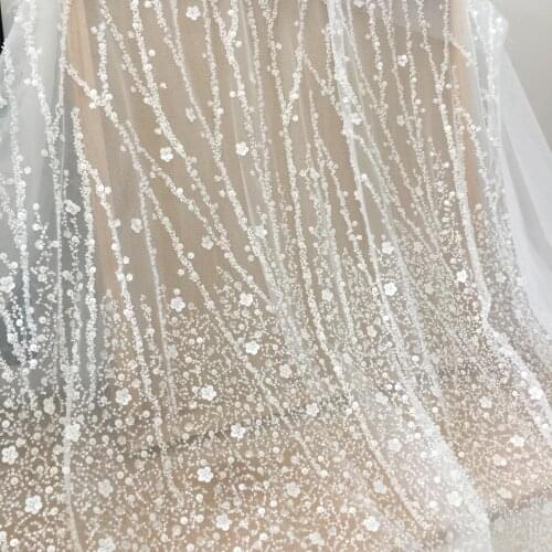 1 Yard 3D Beaded Geometric Haute Couture Lace Fabric with Stripe Design Tulle ,Wedding Dress Bridal Gown DIY