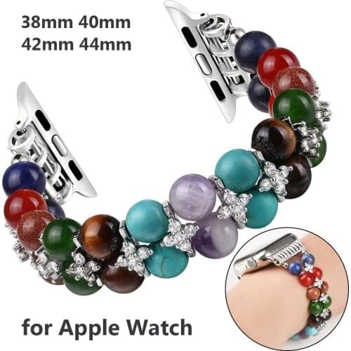 Colorful Chakras Beads Bracelet for Apple Watch Band 38mm 40mm 42mm 44mm Women Girl Elastic Strap for iWatch Series SE/6/5/4/3/2