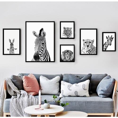 Black and White Pictures Kids Room Decoration Animals Print Lion Zebra Elephant Wall Art Poster Safari Nursery Canvas Painting