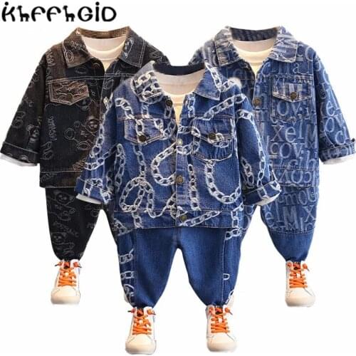 0-5 years old autumn new childrens baby leisure boy handsome cartoon denim jacket boy long sleeve jacket + jeans two piece set