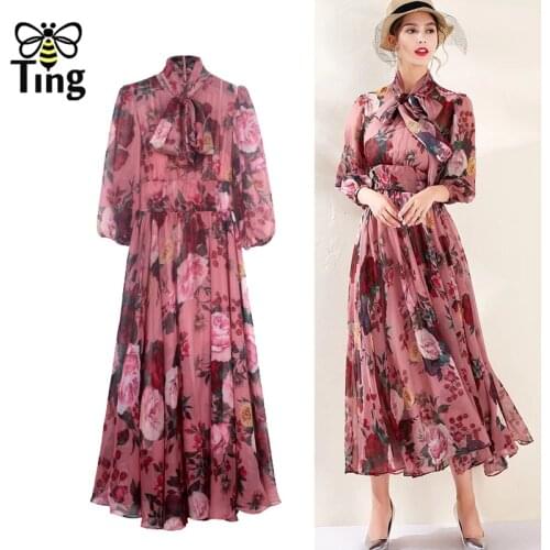 Tingfly Designer Runway Rose Flower Floral Midi Long Party Dinner Dresses Vintage Elegant High Waist Bowknot Dress Elbise Plus D