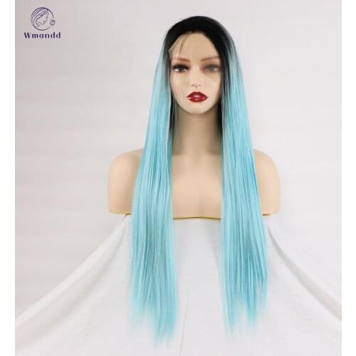 Wmandd 24 Inches Long Straight Synthetic Ombre Black Blue Wig for Women Cosplay Party Daily Heat Resistant Fiber