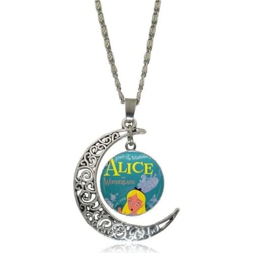 EJ Glaze Fashion Glass Cabochon Moon Pendant Necklace Women Silver Color Choker Necklace For Unisex Alice Quote