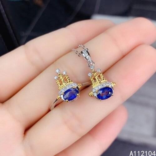 KJJEAXCMY fine jewelry 925 sterling silver inlaid natural sapphire women fresh trendy castle gem ring pendant suit support detec