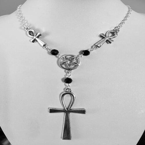 Ankh and Five-pointed Star Necklace, Cross Pendant Necklace, Handmade Alloy Jewelry, Fashion Gifts for Men and Women