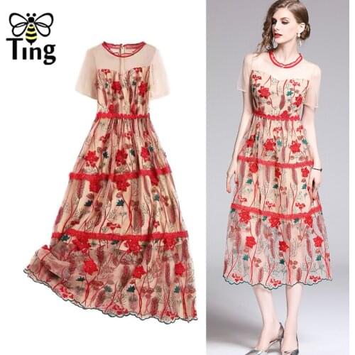 Tingfly Summer Vintage Red Embroidery A Line Party Birthday Dresses Elegant Voile Casual Street Chic Midi Long Plus Size Vestido