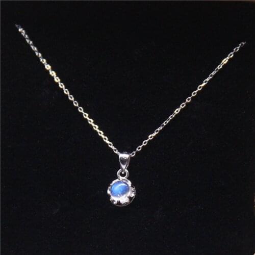 Blue Moon Stone Small Pendant S925 Pure Silver Simple Prong Setting Inlaid with Water Bead Clavicle Necklace Female Fine Jewelry