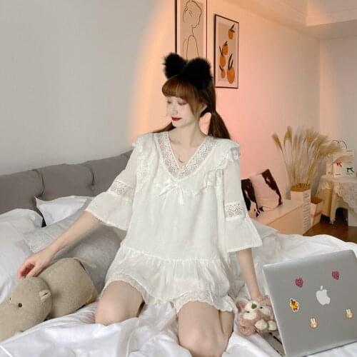 Sweet Soft Girly White Women Pajamas Korean Palace Home Service Summer Loose Cotton Lace Gauze Woman Clothing 2 Piece Set 2021