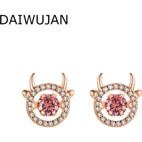 DAIWUJAN Cute Smart Cow Stud Earrings For Women Girls Rose Gold Pink Zircon Animal Earrings Fashion 925 Silver Birthday Jewelry