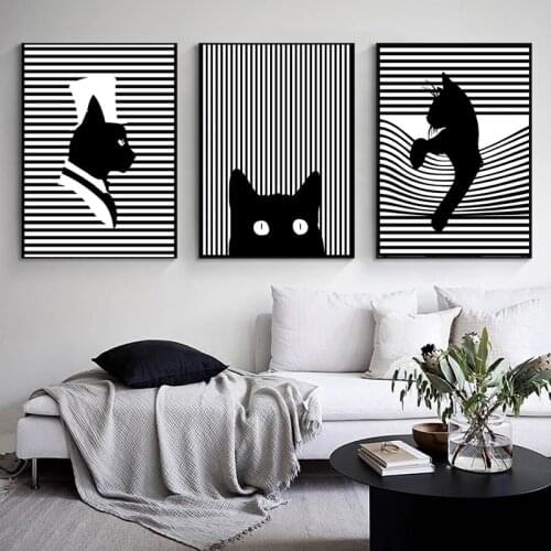 Black White Cat Canvas Painting Abstract Line Wall Art Poster Nordic Posters and Prints Wall Pictures for Living Room Home Decor