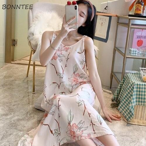 Nightgowns Women Nightdress Summer Sexy Cute Ladies Mid-calf Lounge Thin Sleeveless Ins Print Sweet Clothing Breathable Casual