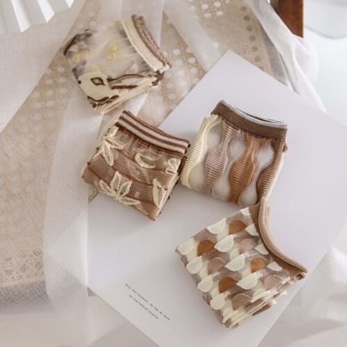 Womens Transparent Khaki Glass Silk Socks 2021 Net Red Retro Style Striped Flowers Breathable Card Silk Womens Socks for Women