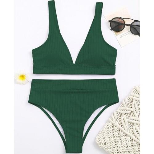 Peachtan Sexy solid ribbed bikinis 2021 mujer High waist swimsuit women V neck swimwear female Sport bathing suit Stripe biquini