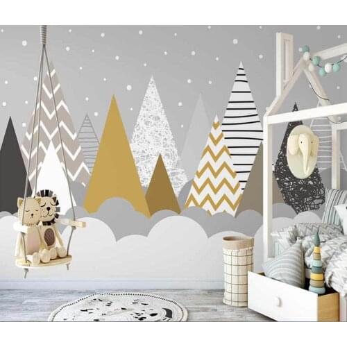 Custom 3d wallpaper Nordic hand-painted geometric mountain peaks woods simple clouds childrens room background wall wallpaper
