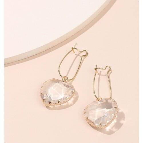 Statement Clear Glass Crystal Heart Drop Hoop Earrings for Women Fashion Stylish Gold Color Party Jewelry Pendientes 2021 E105