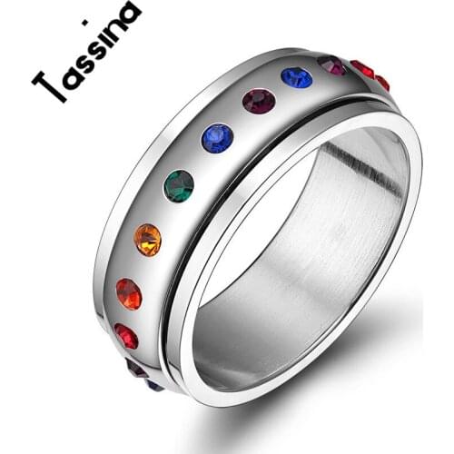 Tassina LGBT 316L Stainless Steel Lesbian Jewelry Rainbow Rotatable Design LGBT Ring For Gay Pride Wedding Jewelry TNPR003