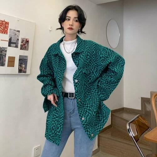 Autumn New Women Korean Temperament Denim Jacket Retro Plaid Pattern Commuter Loose Large Size Wild Straight Long-Sleeved Jacket