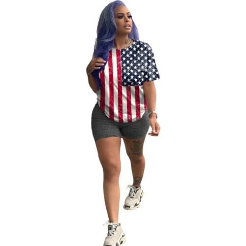 S-XL Womens Casual Two Piece Outfits Lady Letter National flag Print Sport T Shirt Tops and Bodycon Shorts Romper Set