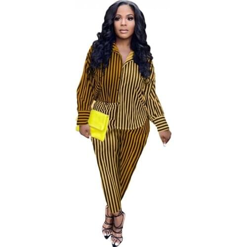 Women Outfits 2021 Autumn Lapel Neck Fashion Striped Patchwork Tops Casual Long Straight Pants Street Wear Outfits 3 Colors