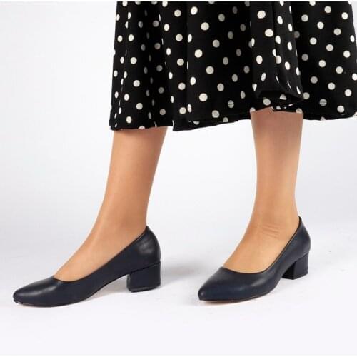 Sandra Womens PU Leather Suede Navy Blue Thick High Heels 2021 Fashion Casual Pointed Toe Shoes Heel Slippers Summer Pumps