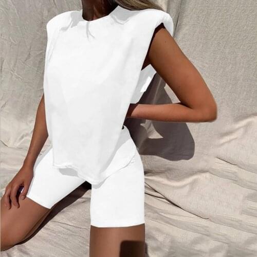 Solid Elastic Cotton Shoulder Pad Tops Shirts and High Waisted Knee Pants 2 Piece Set Women 2020 Autumn New Casual Outfits Suits