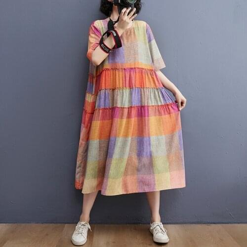 Thin Soft Cotton Colorful Plaid Dress 2021 New Arrival Edible Tree Fungus Patchwork Fashion Women Summer Casual Midi Dress