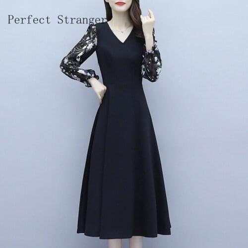 2021 Autumn New Arrival High Quality Elegant V Collar Flower Long Sleeve Collect Waist Women Long Chiffon Dress