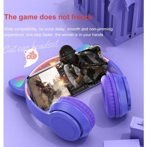 Wireless Headphones Cat Ear LED Light Up Bluetooth Foldable Headphones Over Ear Microphone for Online Distant Learning